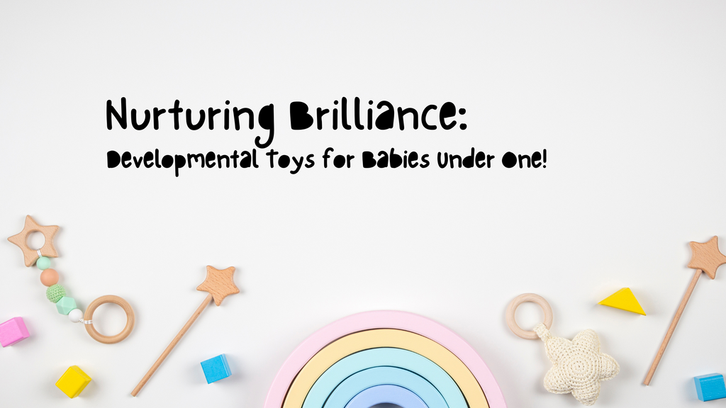 Image of baby toys with blog title "Nurturing Brilliance: Developmental Toys for Babies under one!"