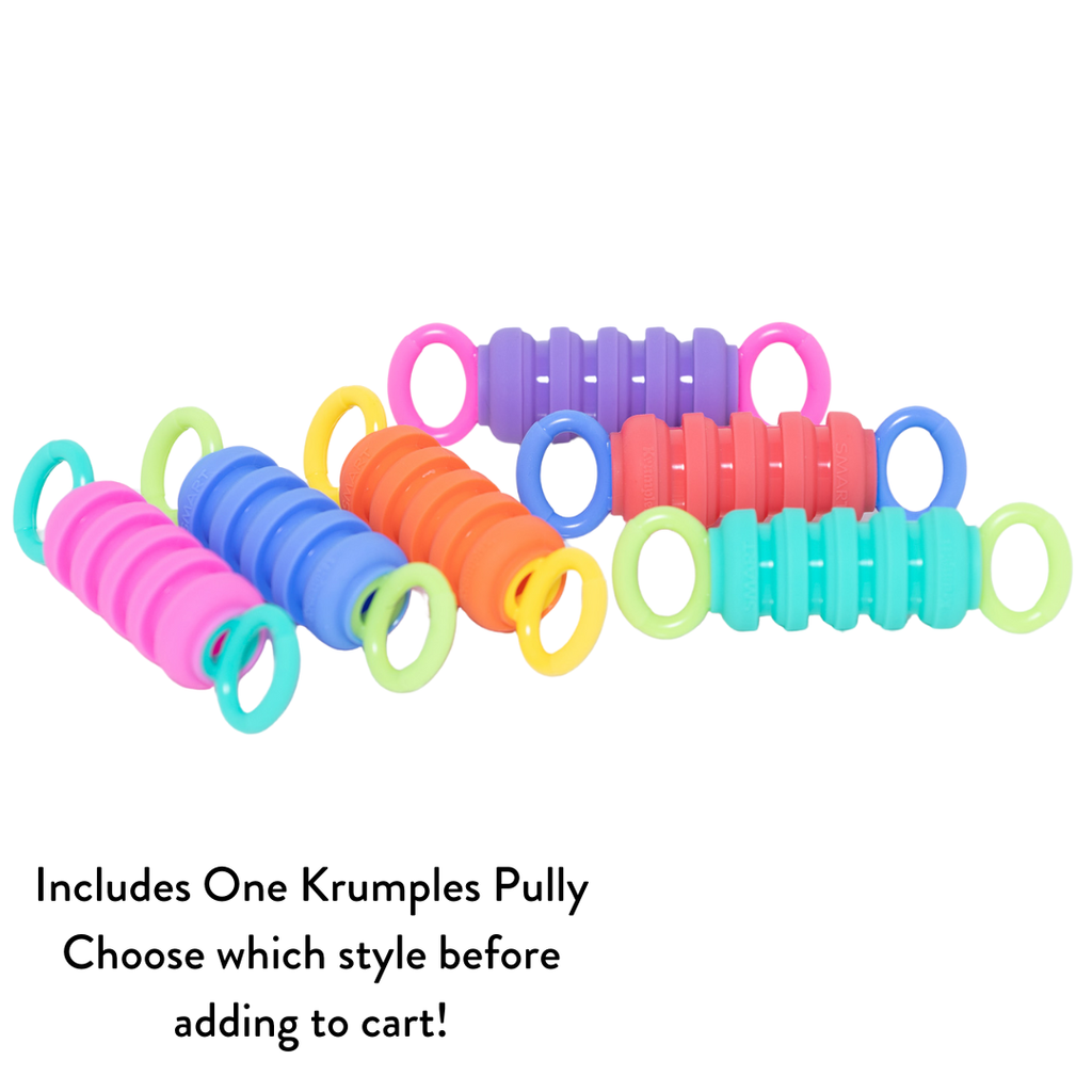 Image of Krumples Pully all 6 color variations and text saying "Includes One Krumples Pully" "Choose which style before adding to cart"