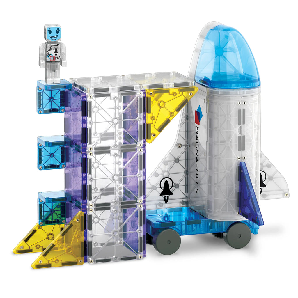 Image of Magna-Tiles Space building set components set up as a space shuttle and launching platform