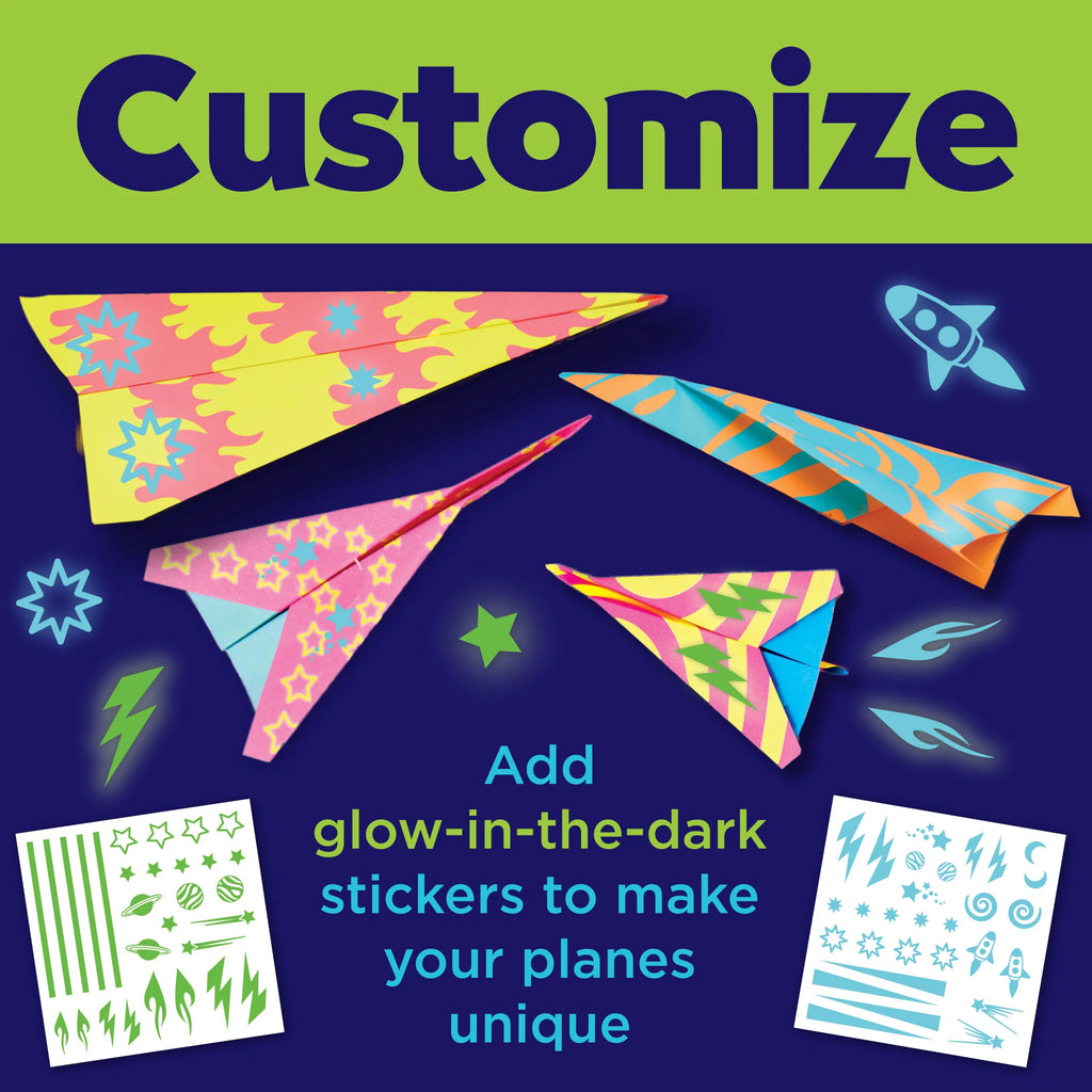 Image of "Customize, Add glow-in-the-dark stickers to make your planes unique" and images of neon colored paper airplanes and sticker sheets.