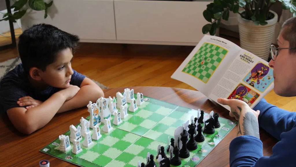 Image of adult and child playing Story Time Chess